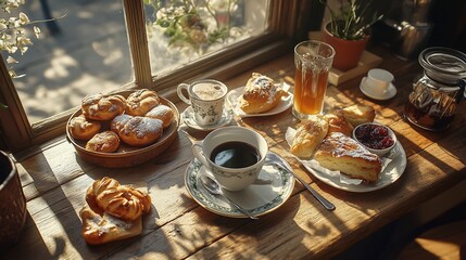 Sunny cafe window pastries coffee breakfast