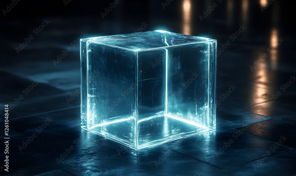 Poster a luminous translucent cube emits a soft blue glow on dark surface