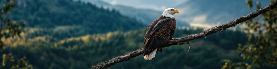 Fototapeta premium Bald Eagle on Branch, Mountainous Forest Background