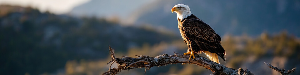 Obraz premium Bald Eagle Perched on Branch Against Hillside Background