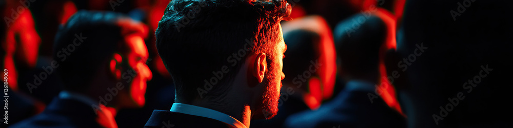 Wall mural Man in Suit Profile in Red and Blue Light with Blurred Background