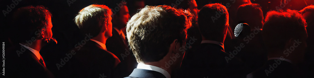 Poster Rear View of Men in Suits at an Event with Microphone