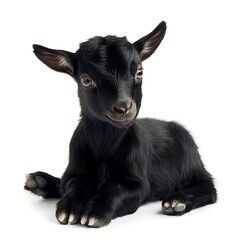 Naklejka premium Cute black baby goat resting, white background, farm animal