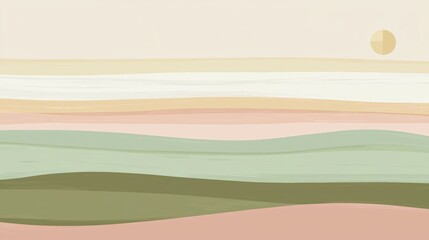 Soft, pastel hues of pink, green, and yellow blend together in an abstract landscape painting, creating a serene scene of rolling hills beneath a setting or rising sun