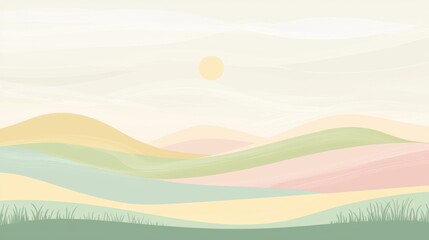 Obraz premium Rolling hills and lush green fields extend beneath a soft pastel sky, forming a serene and picturesque landscape that evokes tranquility and beauty in nature