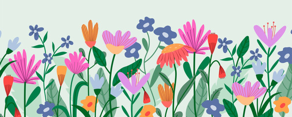 Horizontal banner or background with beautiful colorful flowers and leaves. Spring botanical flat vector illustration for wallpapers, banners, flyers, invitations, posters