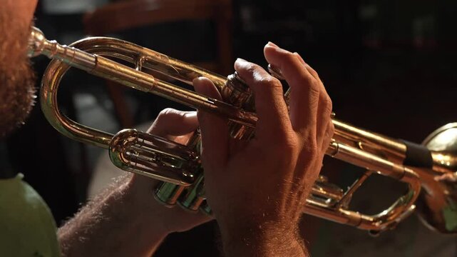 Close-up shot of hand and trumpet together in a night of live music