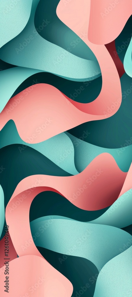 Poster dynamic abstract design featuring interwoven layers of pink and teal. the flowing curves create a se