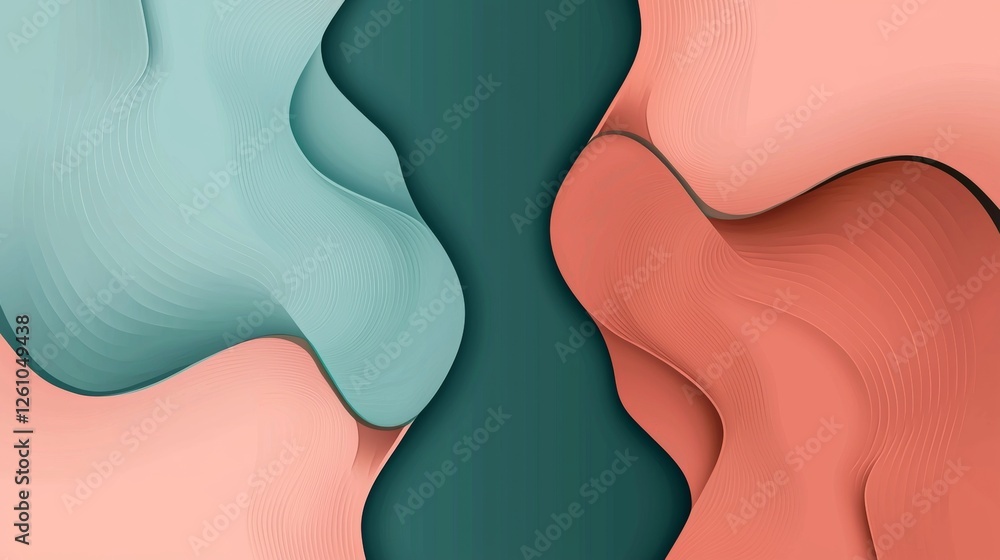 Poster pastel pink and turquoise wave shapes overlap, creating a dynamic and visually interesting abstract 
