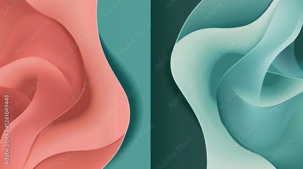 Poster two abstract backgrounds showcasing flowing, overlapping shapes in contrasting pink and green color 