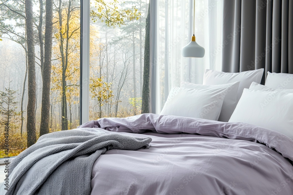 Poster comfortable bed with lavender sheets and a knitted blanket sits beside a large window offering a bre