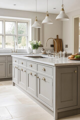 Kitchen with a white island and a sink