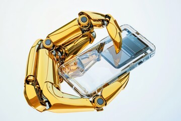 Transparent foldable phone presented by a golden robotic claw, beautifully set on a soft white gradient.