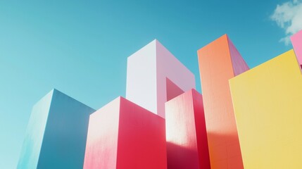 Vibrant geometric shapes create a dynamic and modern architectural landscape under a clear blue sky, symbolizing growth, innovation, and creativity