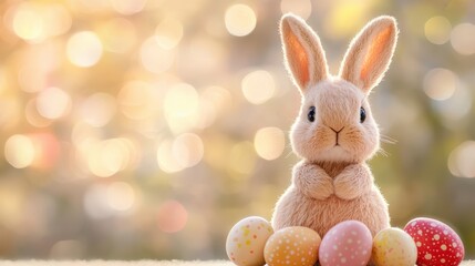 Handmade knitted bunny sitting on pastel-colored Easter eggs, soft bokeh effect behind