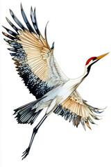 Bird with a red beak flies in the air