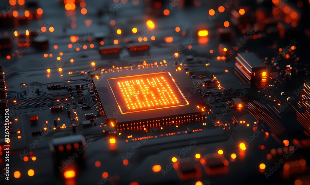 Poster advanced computer chip with glowing circuits and complex connections for high performance computing