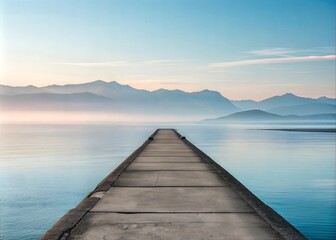 Fototapeta premium Serene Lakeside Pier Extends to Misty Mountains