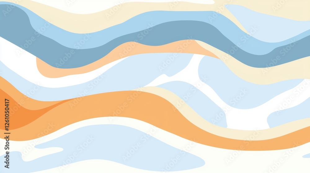 Poster smooth, curved shapes in pastel shades of blue, orange, and cream create a calming yet dynamic abstr