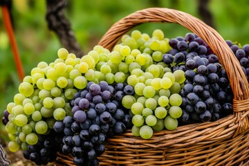 A wicker basket overflows with vibrant green and purple grapes, freshly harvested from the vineyard. Lush green vines surround the basket, showcasing a bountiful harvest in autumn