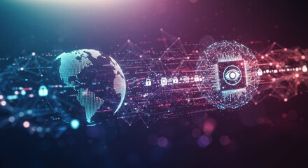 Fototapeta premium Global cybersecurity network with digital eyeball monitoring and security locks
