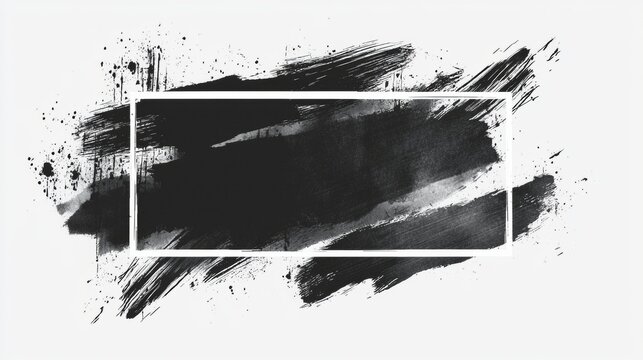 Black brush stroke with splashes and white frame creates a modern and artistic backdrop, conveying a sense of dynamic creativity and edgy design