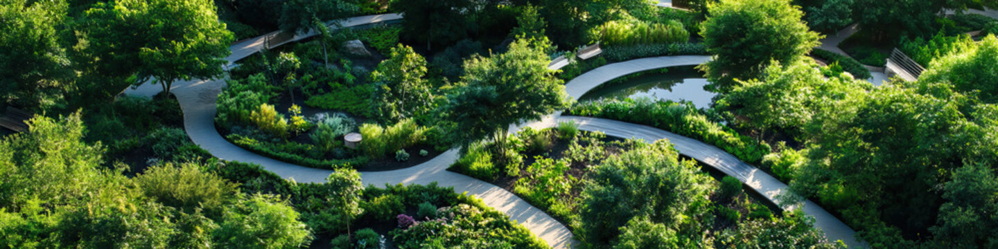 Aerial View of Curving Pathways and Ponds in a Landscaped Garden