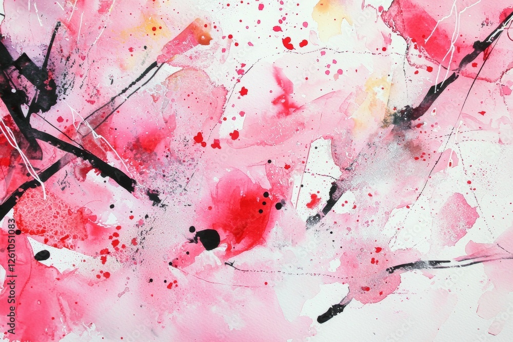 Poster pink and black brushstrokes and splatters of watercolor paint create a dynamic and abstract composit