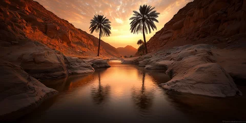 Golden hour light casts long shadows across an Omani desert oasis, with rocky canyon walls, palm trees silhouetted against the sunset, and warm light reflecting in the pool of water.