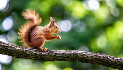 Fototapeta premium Craft a whimsical scene with a squirrel perched on a branch, holding an acorn, while leaves swirl around it in the breeze.