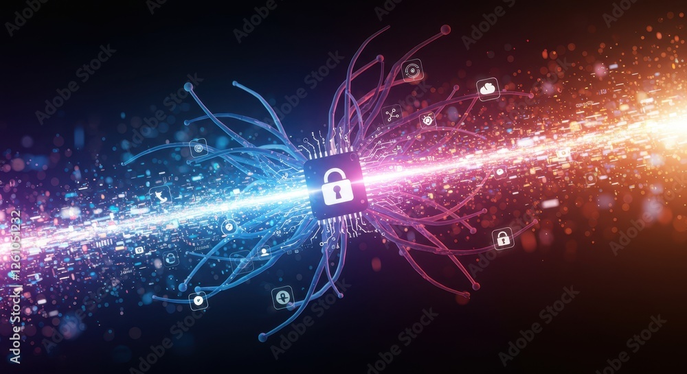 Poster cybersecurity concept: digital lock with network connections on futuristic background