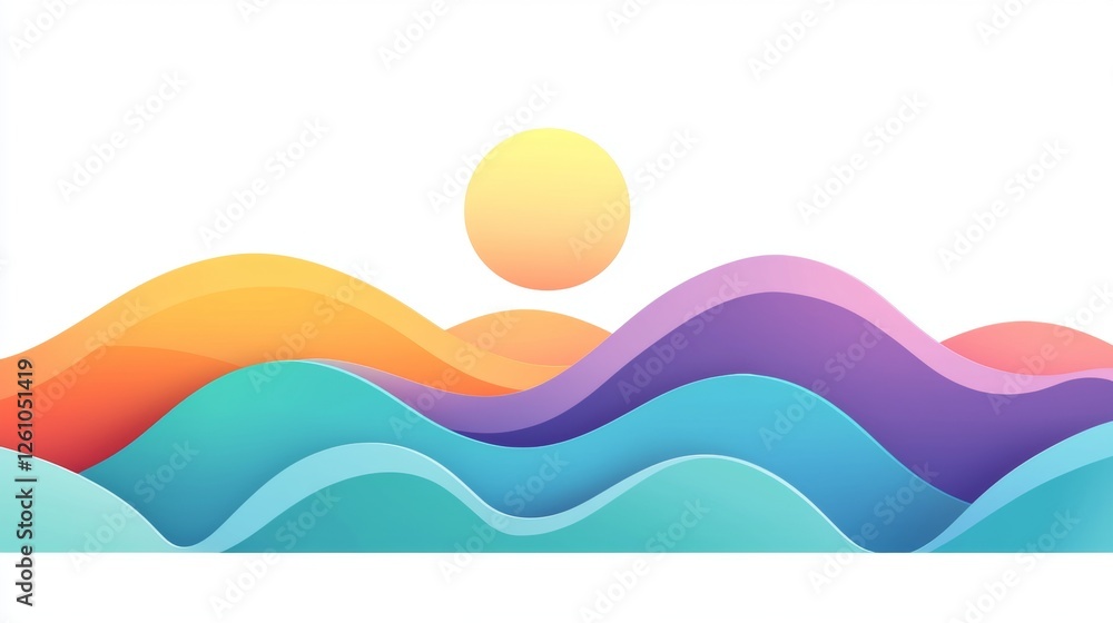 Poster multicolored wavy lines overlapping create an abstract landscape featuring a bright sun, perfect for