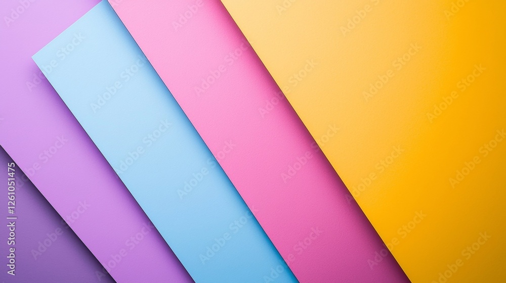 Poster creating a vibrant geometric composition, colorful sheets of paper form an abstract background with 