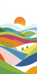 Minimalist vector illustration of a beautiful landscape with rolling hills and valleys in various vibrant colors under a bright sun, creating a cheerful and serene atmosphere