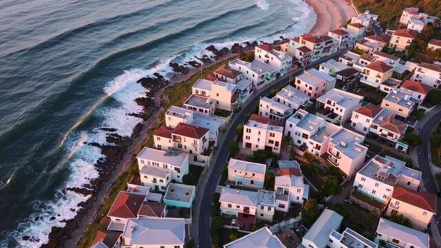 Ocean waves crash against the rocky shore near a small coastal town, highlighting the vulnerability of coastal communities to rising sea levels and coastal erosion in this slow motion sequence