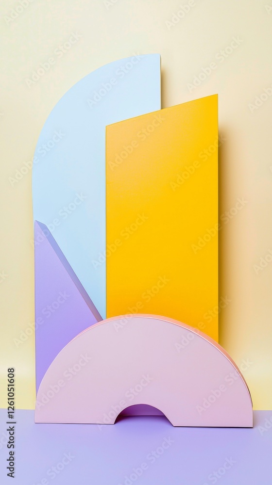 Poster geometric shapes in pastel colors creating a visually appealing abstract composition on a two-tone b