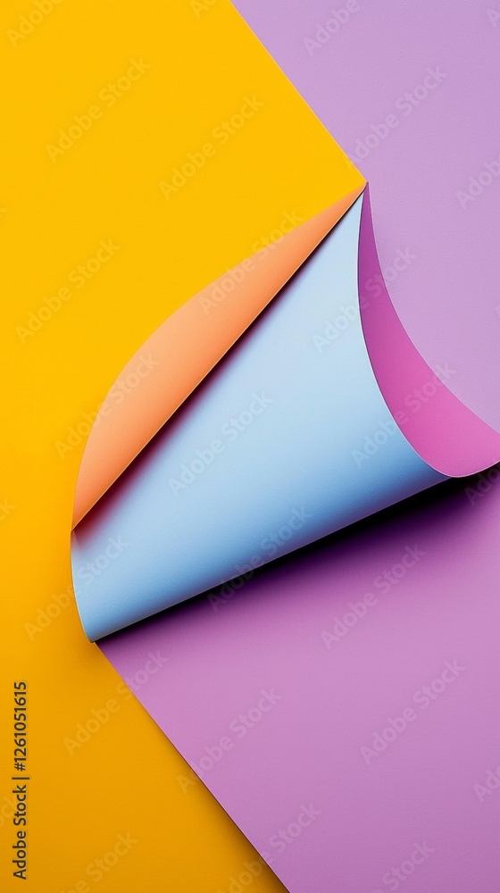 Poster creating an abstract composition with colorful sheets of paper curling upwards, forming a vibrant an
