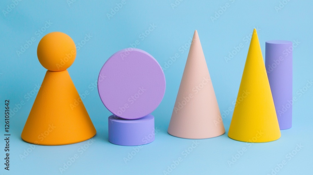 Poster different geometric shapes in various colors are creating a colorful and modern still life compositi