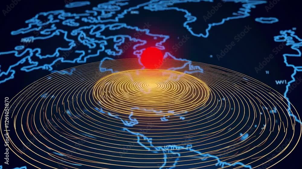 Poster seismic waves spreading across global map, revealing earthquake dynamics through slow motion visuali