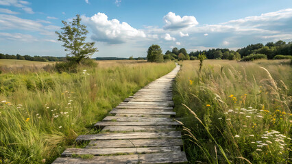 wooden pathway through lush grasslands under a bright blue sky