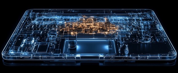 Transparent laptop, internal components, glowing circuits, dark background, tech illustration