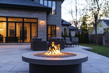 Modern fire pit glowing brightly on a backyard patio at dusk, surrounded by a blurred backdrop of a house and stylish patio furniture, creating a cozy and inviting atmosphere