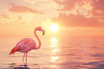 Wading gracefully in a calm sea at sunset, a beautiful pink flamingo creates a serene and colorful scene against a backdrop of a cloudy sky, reflecting vibrant hues of orange and yellow