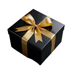 Fototapeta premium for A black gift box with a golden ribbon and bow isolated on transparent background