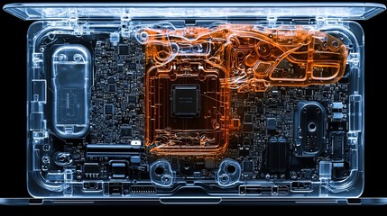 Transparent phone, internal components, cooling system, circuit board, technology background, tech illustration
