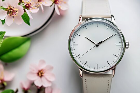 White luxury watch with spring flowers on background. Spring forward. Daylight saving time starts in March