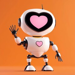 Cute robot character with heart-shaped design greeting in a vibrant orange background