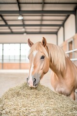 Elegant horse enjoys fresh hay in spacious barn, showcasing warm