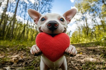 Commercial critter visual idea art. Cute bull terrier pooch with fluffy red heart on a walk in a spring garden. Bull terrier - my preferred dog, symbol of friendship. Heartfelt puppy picture.