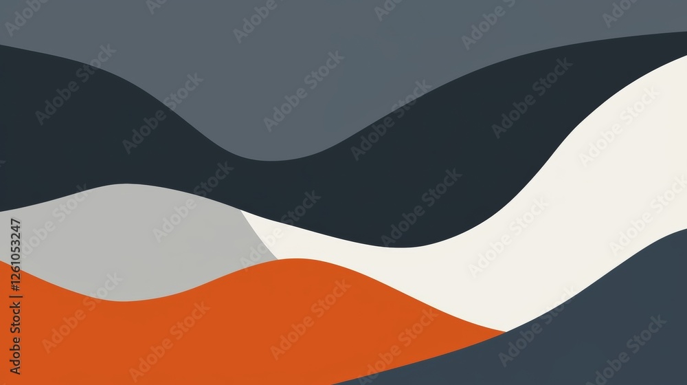 Poster modern abstract background featuring overlapping wavy shapes in vibrant orange, grey, dark blue, and